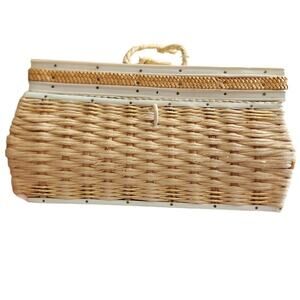 Vintage Natural Woven Fiber Woven Sewing Basket Lined Interior Box
